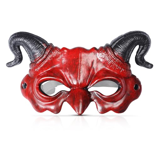 WINUSD Teufelsmaske Rot Halbgesicht - Gruseliges Teufelshorn Geist Maske für Halloween Kostüm - Dämonenmaske für Maskerade Cosplay Party von WINUSD