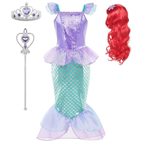 WIOLETA Lila Prinzessin Kleid Mädchen Prinzessin Kostüm Mädchen mit Krone, Zauberstab, Perücke für 3-9 Jahre von WIOLETA