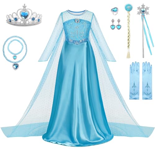 WIOLETA Prinzessin Kleid Mädchen Prinzessin Kostüm Mädchen mit Krone, Zauberstab, künstlichem Zopf, Ohrringen, Ring, Halskette, Armband, Handschuhen von WIOLETA