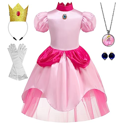 WIOLETA Rosa Prinzessin Kleid Mädchen Prinzessin Kostüm Mädchen mit Krone, Ohrringen, Halskette, Handschuhen für 3-10 Jahre von WIOLETA