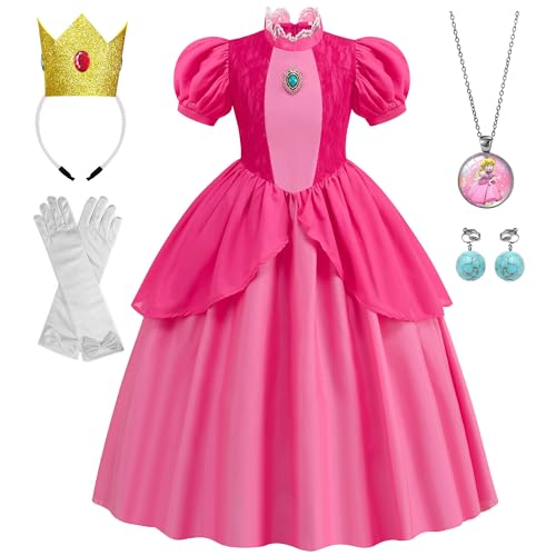 WIOLETA Rosa Prinzessin Kleid Mädchen Prinzessin Kostüm Mädchen mit Krone, Ohrringen, Halskette, Handschuhen für 3-10 Jahre von WIOLETA