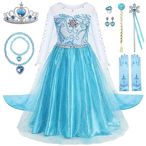 WIOLETA Blaues Prinzessin Kleid Mädchen Prinzessin Kostüm Mädchen mit Krone, Zauberstab, Halskette, Armband, Ohrringen, Ring, falschen Zöpfen, Handschuhen für 3–9 Jahre (150-1) von WIOLETA