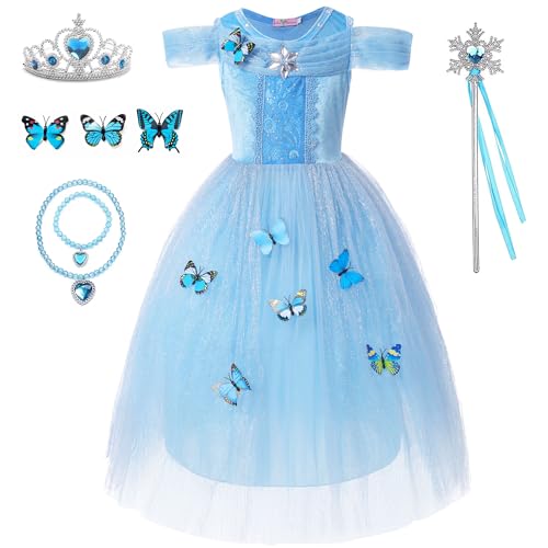 WIOLETA Blaues Prinzessin Kleid Mädchen Prinzessin Kostüm Mädchen mit Krone, Zauberstab, Halskette, Armband, Schleife für 3-9 Jahre von WIOLETA