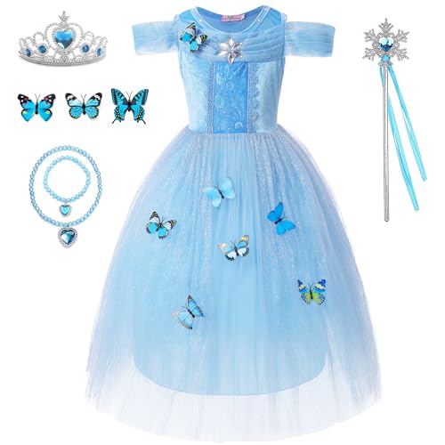 WIOLETA Blaues Prinzessin Kleid Mädchen Prinzessin Kostüm Mädchen mit Krone, Zauberstab, Halskette, Armband, Schleife für 3-9 Jahre WIOLETA Blaues Prinzessin Kleid Mädchen Prinzessin Kostüm Mädchen mit Krone, Zauberstab, Halskette, Armband, Schleife für 3-9 Jahre von WIOLETA