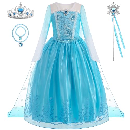 WIOLETA Elsa Kostüm für Mädchen, Blaues Prinzessin Kleid mit Accessoires - Krone, Zauberstab, Halskette von WIOLETA