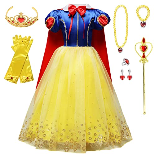 WIOLETA Gelbes Prinzessin Kleid Mädchen Prinzessin Kostüm Mädchen mit gekrönten Spazierstock-Handschuhen, Halskette, Ringen und Ohrringen von WIOLETA