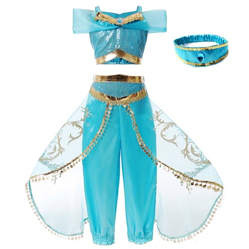 WIOLETA Lake Green Prinzessin Kleid Mädchen Prinzessin Kostüm Mädchen-Set bestehend aus Oberteil, Hose und Kopftuch für 3–11 Jahre von WIOLETA