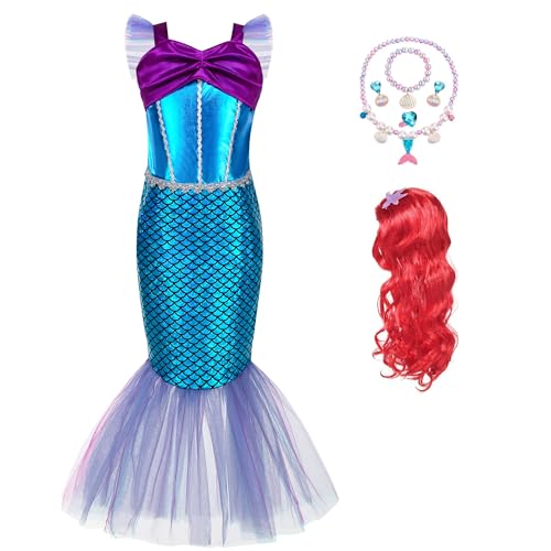 WIOLETA Meerjungfrau Kostüm Mädchen - Lila Prinzessin Kleid Mit Perücken, Halsketten, Armbänder für 3-11 Jahre von WIOLETA