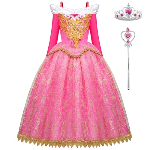 WIOLETA Rosa Prinzessin Kleid Mädchen Prinzessin Kostüm Mädchen mit Krone und Zauberstab für 3-11 Jahre von WIOLETA