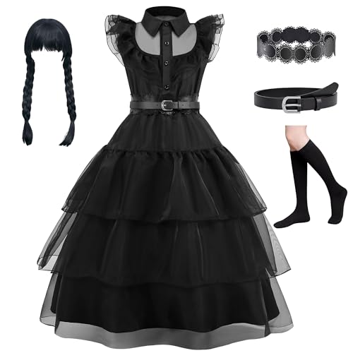 WIOLETA Schwarz Kostüm Mädchen Schwarz Kleid Mädchen mit Perücke, Gürtel, Gürtelpolster, Socken für 4-13 Jahre von WIOLETA