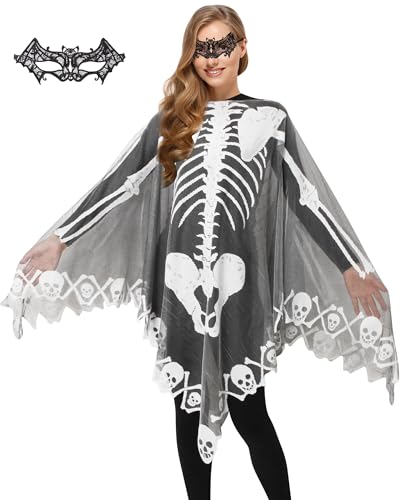 WISHTEN Halloween Skelett Poncho für Frauen Spitze Skelett Umhang Schal mit Fledermaus Maske Halloween Kostüm für Frauen WISHTEN Halloween Skelett Poncho für Frauen Spitze Skelett Umhang Schal mit Fledermaus Maske Halloween Kostüm für Frauen von WISHTEN