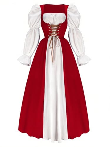 Renaissance-Kleid für Damen, Halloween, Mittelalter, viktorianisches Kostüm, Schnürung, Blasenärmel, Feen-Maxikleid, Rot, Größe XXL von WISHU
