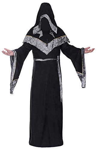 WISHU Herren Halloween Kostüm Zauberer Robe, Mittelalter Vintage Renaissance Kapuzenkleid Umhang Cape, Schwarz, S (Length 60.8") von WISHU
