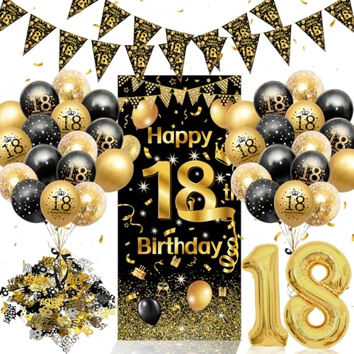 18. Geburtstag Deko Set Schwarz Gold - Komplette Geburtstagsparty Dekoration für Jungen & Mädchen mit Riesen Hintergrundbanner, Dreiecksgirlande, Zahlenluftballon, Luftballons und Konfetti 18. Geburtstag Deko Set Schwarz Gold - Komplette Geburtstagsparty Dekoration für Jungen & Mädchen mit Riesen Hintergrundbanner, Dreiecksgirlande, Zahlenluftballon, Luftballons und Konfetti von WISTENALLA