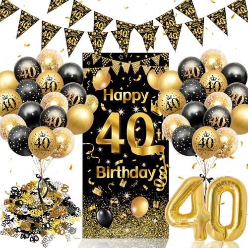 40. Geburtstag Deko Set Schwarz Gold - Komplette Geburtstagsparty Dekoration für Männer & Frauen mit Riesen Hintergrundbanner, Dreiecksgirlande, Zahlenluftballon, Luftballons und Konfetti von WISTENALLA