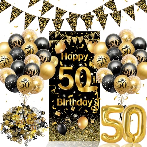 50. Geburtstag Deko Set Schwarz Gold - Komplette Geburtstagsparty Dekoration für Männer & Frauen mit Riesen Hintergrundbanner, Dreiecksgirlande, Zahlenluftballon, Luftballons und Konfetti von WISTENALLA
