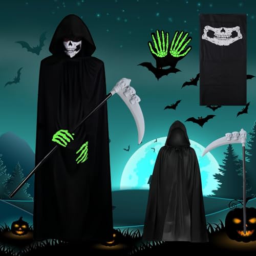 WIYETY Sensenmann Kostüm, Sensenmann Umhang Erwachsene mit Kapuze, Totenkopf Maske, Sense, Leuchtende Skelett Handschuhe, Horror Kostüm Männer und Frauen, für Cosplay Halloween Party WIYETY Sensenmann Kostüm, Sensenmann Umhang Erwachsene mit Kapuze, Totenkopf Maske, Sense, Leuchtende Skelett Handschuhe, Horror Kostüm Männer und Frauen, für Cosplay Halloween Party von WIYETY