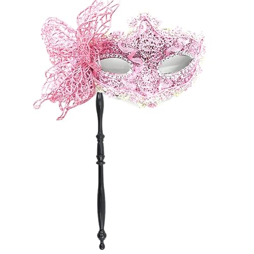 WJIAYAO Maskerade Maske Party-Maske mit Haltestab, Abend-, Abschlussball-, Maskerade-Maske, Bühnen-Requisiten, Halbgesichtsmasken for Frauen(Pink) von WJIAYAO