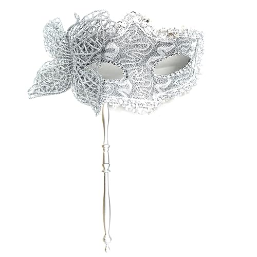 WJIAYAO Maskerade Maske Party-Maske mit Haltestab, Abend-, Abschlussball-, Maskerade-Maske, Bühnen-Requisiten, Halbgesichtsmasken for Frauen(Silver) von WJIAYAO