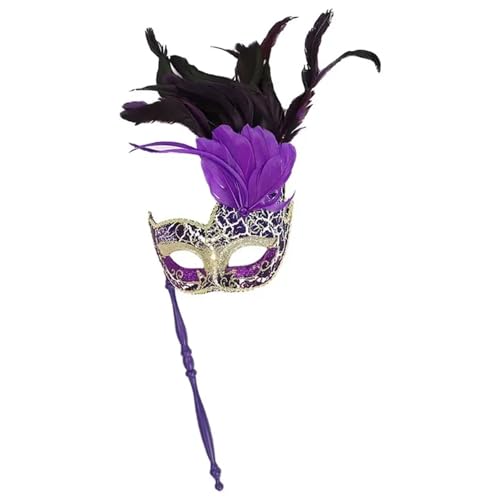 WJIAYAO Maskerade Maske Party Masken Feder Make-up Ball Maske mit Stick Performance Maskerade Maske(PURPLE) von WJIAYAO