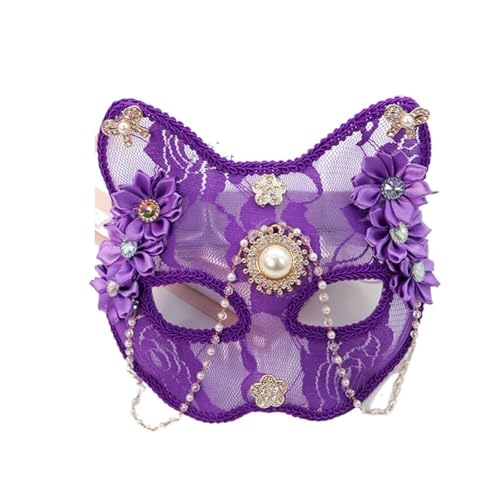 WJIAYAO Maskerade Maske Spitze Katze Perle Schmetterling Maskerade Maske Mode Kostüm Zubehör for Damen und Mädchen(PURPLE) von WJIAYAO