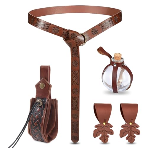 WJMY 5 PCS Mittelalter Kleidung Zubehör, Mittelalter Gürtel+Gürteltasche+Zauberflasche+Anhänger, Wikinger Gürtel, Wikinger Kleidung, Rollenspiel, für Halloween und Karneval von WJMY