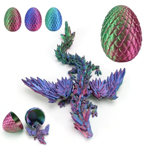 WJMY Drachenei mit Drache, mit Flügeln, 3D Gedruckter Drache Groß, 22cm Flexible Gelenke Beweglich, Schreibtischdekorationen, Spielzeug und Geschenke für Erwachsene und Kinder (Rot-Blau) von WJMY