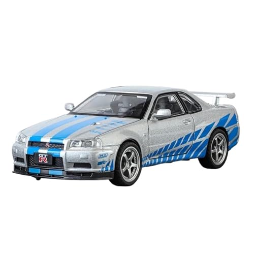 WJXNNON Für Nissan GTR R34 Supercar Legierung Metall Druckguss Auto Modell Spielzeug Racing Simulation Sound Licht Geschenk 1:32(Silver No Box) von WJXNNON