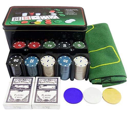 Spiel-Poker-Tischmatte, tragbares Poker-Tisch-Poker-Chip-Set, 200 Stück, mit Aluminiumgehäuse für Texas Holdem, Blackjack oder tägliche Spielunterhaltung, Poker-Zubehör von WJYLM