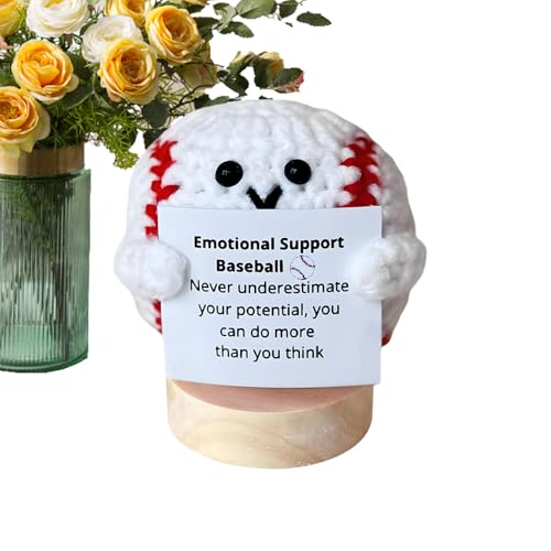 WJnflQN Häkelballpuppe – Positive Häkelpuppe Baseball-Form – Sportthema Strickkunst mit ermutigender Karte für Nachttisch, Bücherregal, Wohnzimmer, Arbeitszimmer von WJnflQN