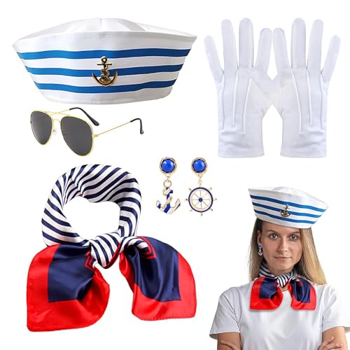 WJnflQN Seemann Kostüm, Yacht Captain Kostüm | Marine Kostüm Erwachsene Set mit Hut Sonnenbrille Schal | 5x nautisches Outfit für Mardi Gras Hochzeits Weihnachten Sommer WJnflQN Seemann Kostüm, Yacht Captain Kostüm | Marine Kostüm Erwachsene Set mit Hut Sonnenbrille Schal | 5x nautisches Outfit für Mardi Gras Hochzeits Weihnachten Sommer von WJnflQN