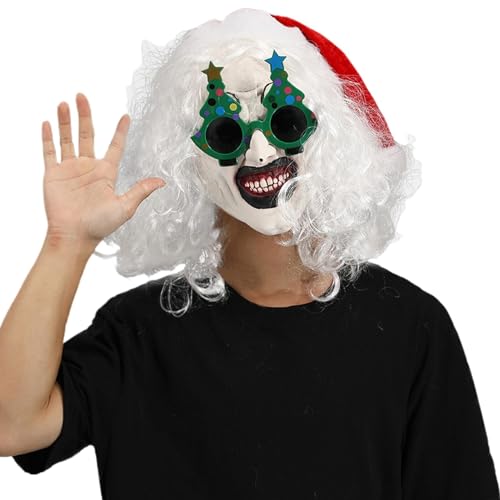 WJnflQN Weihnachtsclown-Maske – Kopfbedeckung, Kostüm-Requisiten mit Brille, Weihnachts-Horror-Requisite, Kopfbedeckung, Kostüm-Requisiten, Zubehör für Erwachsene und Kinder von WJnflQN