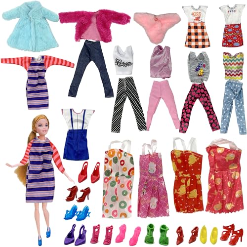 Puppen Kleidung Puppen Cothes Set, WKxinxuan 28 Stück Zufällige Puppen Kleidung Zubehör, 3 Plüsch Kleidung, 4 Kleid, 5 Hosen, 4 Strapsrock, 10 Schuhe, 4 Kurzarm-Top, Puppen Accessoires für Mädchen von WKxinxuan