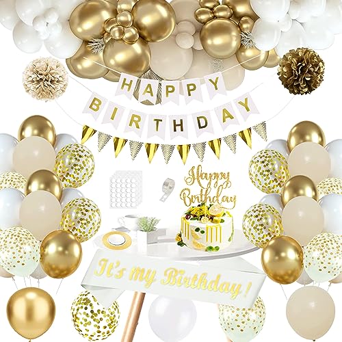 WLKQY Geburtstagsdeko Mädchen Frauen, Beige Weiß Gold Party Deko Luftballons, Happy Birthday Banner Girlande Decorations, Geburtstag Schärpe, Pompoms, Kuchen Topper für Mädchen Frauen Party Deko WLKQY Geburtstagsdeko Mädchen Frauen, Beige Weiß Gold Party Deko Luftballons, Happy Birthday Banner Girlande Decorations, Geburtstag Schärpe, Pompoms, Kuchen Topper für Mädchen Frauen Party Deko von WLKQY
