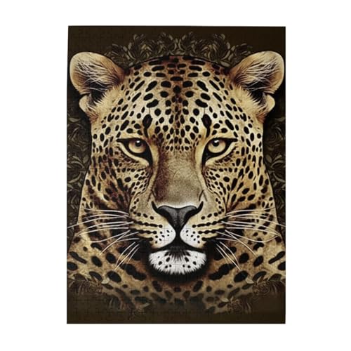500-teiliges Puzzle für Erwachsene, herausforderndes Holzpuzzle, individuell, gemustert, Leopardenkopf-Bilderpuzzle für Spielabende, Familien-Holzpuzzle, fertige Größe 51,8 x 38,1 cm von WLKSNBVD