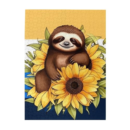 500-teiliges Puzzle für Erwachsene, herausforderndes Holzpuzzle, personalisierbar, Cartoon-Faultier, sitzend auf Sonnenblume, Bilderpuzzle für Spielabende, Familien-Holzpuzzle, fertige Größe 51,8 x von WLKSNBVD