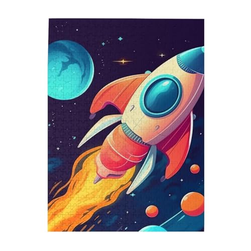 500-teiliges Puzzle für Erwachsene, herausforderndes Holzpuzzle, personalisierbar, Cartoon-Rakete im Weltraum, Bilderpuzzle für Spielabende, Familie, Holzpuzzle, fertige Größe 51,8 x 38,1 cm von WLKSNBVD