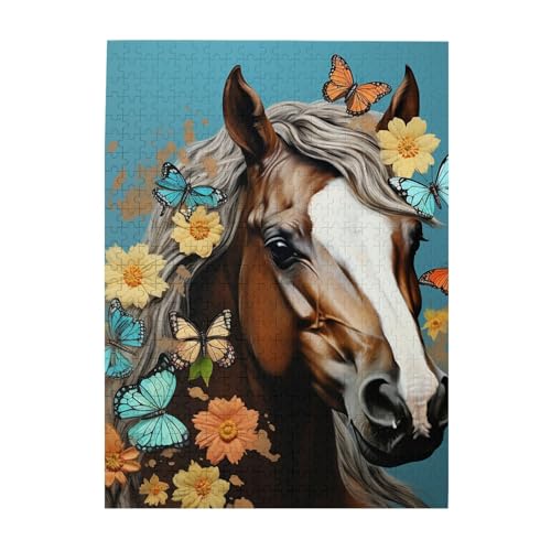 500-teiliges Puzzle für Erwachsene, herausforderndes Holzpuzzle, personalisierbar, Pferdekopf mit Blumen und Schmetterlingen, Bilderpuzzle für Spielabende, Familien-Holzpuzzle, fertige Größe 51,8 x von WLKSNBVD