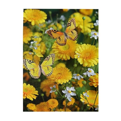 500-teiliges Puzzle für Erwachsene, herausforderndes Holzpuzzle, personalisierbar, gelber Schmetterling und gelbe Gänseblümchen, Bilderpuzzle für Spielabende, Familien-Holzpuzzle, fertige Größe 51,8 x von WLKSNBVD