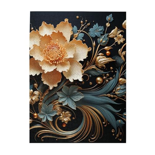 500-teiliges Puzzle für Erwachsene, herausforderndes Holzpuzzle, personalisierbar, goldene Blumen auf schwarzem Bild, Puzzle für Spielabende, Familien-Holzpuzzle, fertige Größe 51,8 x 38,1 cm von WLKSNBVD