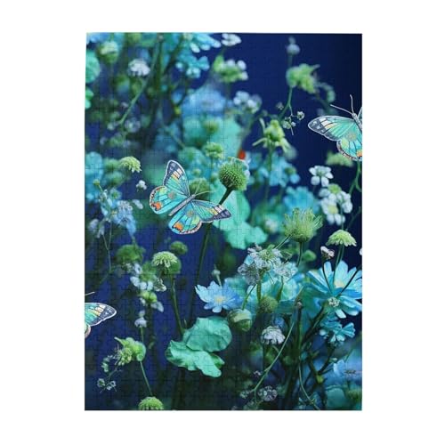 500-teiliges Puzzle für Erwachsene, herausforderndes Holzpuzzle, personalisierbar, grüner Schmetterling und blaue Blumen, Bilderpuzzle für Spielabende, Familien-Holzpuzzle, fertige Größe 51,8 x 38,1 von WLKSNBVD