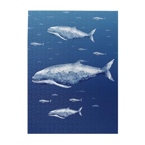 500-teiliges Puzzle für Erwachsene, herausforderndes Holzpuzzle, personalisierbar, kleiner blauer Wal, Schwimmbild, Puzzle für Spielabende, Familie, Holzpuzzle, fertige Größe 51,8 x 38,1 cm von WLKSNBVD