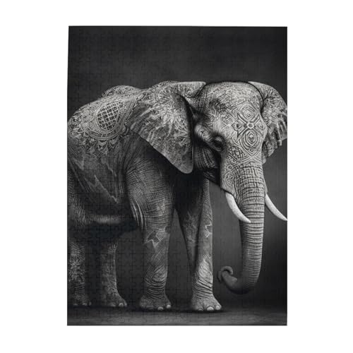 500-teiliges Puzzle für Erwachsene, herausforderndes Holzpuzzle, personalisierbar, schwarz-weißer Elefant, Bilderpuzzle für Spielabende, Familien-Holzpuzzle, fertige Größe 51,8 x 38,1 cm von WLKSNBVD