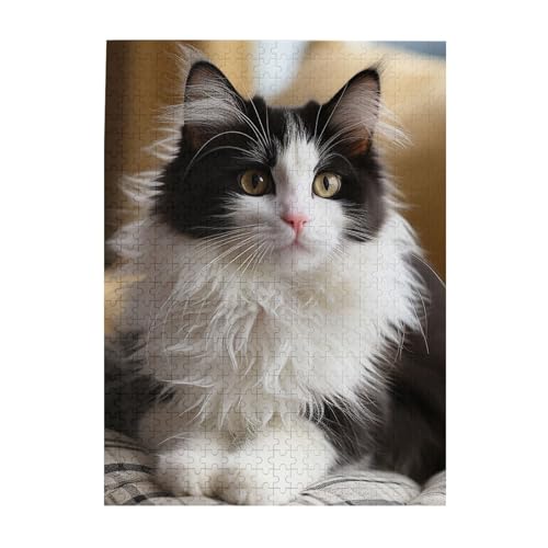 500-teiliges Puzzle für Erwachsene, herausforderndes Holzpuzzle, personalisierbar, weißes und schwarzes Kätzchen, sitzendes Bilderpuzzle für Spielabende, Familie, Holzpuzzle, fertige Größe 51,8 x 38,1 von WLKSNBVD