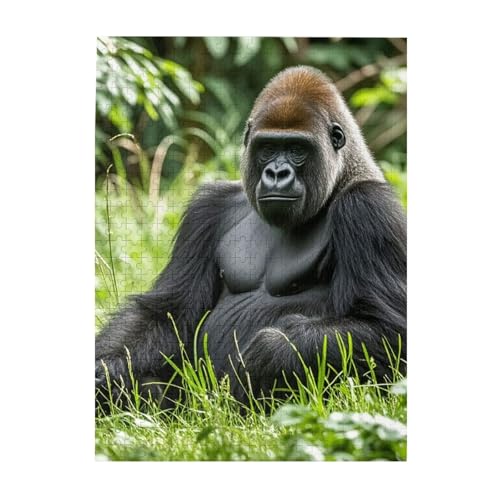 500-teiliges Puzzle für Erwachsene, herausforderndes Holzpuzzle, personalisiertes Gorilla im Gras, Bilderpuzzle für Spielabende, Familien-Holzpuzzle, fertige Größe 51,8 x 38,1 cm von WLKSNBVD