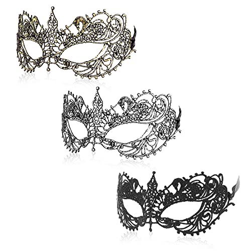 WLLHYF 3 Stück Spitze Maske Fun Vintage Maskerade Maske Spitze Augenmaske für Frauen Männer Halloween Maskerade Karneval Party Kostüm Ball Cosplay Foto-Shooting (Schwarz/Gold/Silber) von WLLHYF