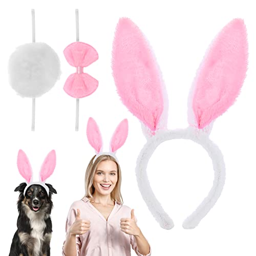 WLLHYF 3 Stück Ostern Hasenohren Set Ohren Stirnband Häschen Kostüm Hasenohren Stirnband Krawatte und Schwanz Kostüm Cosplay Party Zubehör für Kinder Frauen Mädchen Weihnachten von WLLHYF