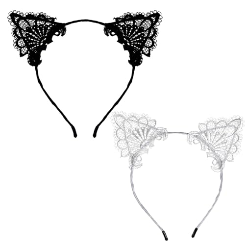 WLLHYF Haarreif mit Katzenohren aus Spitze, schwarz, Halloween-Kostüm, Haarband, Party, Kopfschmuck, Kopfbedeckung, Festival, Cosplay, Haarschmuck für Frauen und Mädchen (Schwarz+Weiß, 2PCS) von WLLHYF