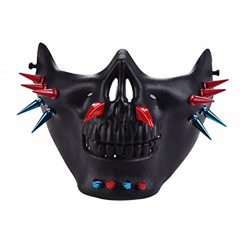 WLLLTY Halloween-Maske, Steampunk, gruselig, rot-blaue Spikes, Halloween-Totenkopf-Skelett-Maske, Kostüm, halbe Gesichtsmasken für Party, Cospaly von WLLLTY