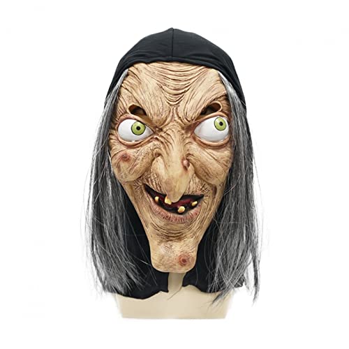 WLLLTY Halloween-Maske, die alte Hexe, Maske mit Haaren und Kapuze, Latex, Horror, Halloween-Maske für Erwachsene von WLLLTY